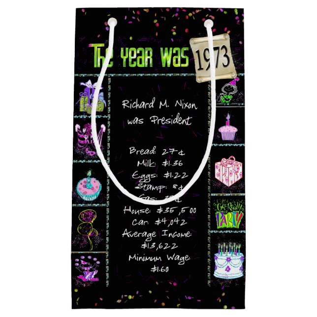 1973 Birth Year Trivia on Black Small Gift Bag (Front)