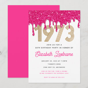 1973 Pink Glitter Drip 50th Birthday Invitation