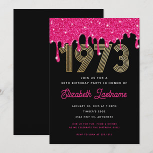 1973 Pink Glitter Drip 50th Birthday Invitation