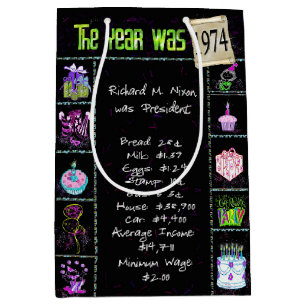 1974 Birth Year Trivia on Black   Medium Gift Bag