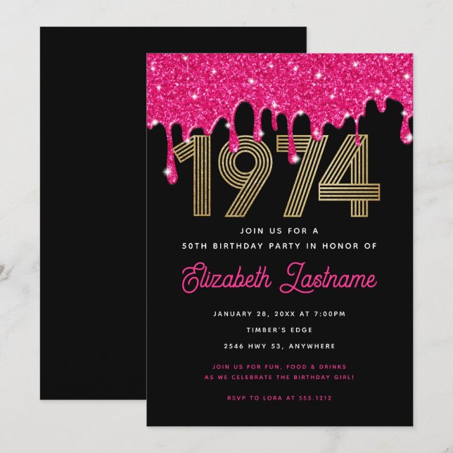 1974 Pink Glitter Drip 50th Birthday Invitation  (Front/Back)