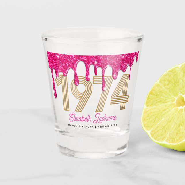 1974 Pink Glitter Drip 50th Birthday Shot Glass (Front)