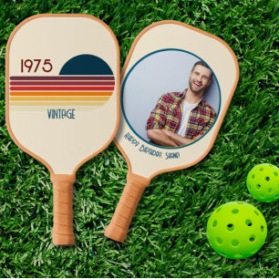 1975 50th Birthday Retro Stripe Custom Photo Pickleball Paddle