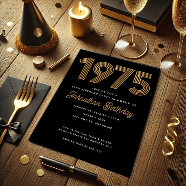 1975 Black Faux Gold 50th Birthday Invitation (1975 Black Faux Gold 50th Birthday Invitation)