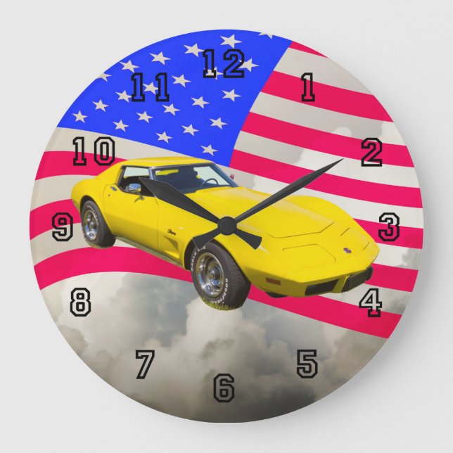 1975 Corvette Stingray With American Flag Large Clock (Front)
