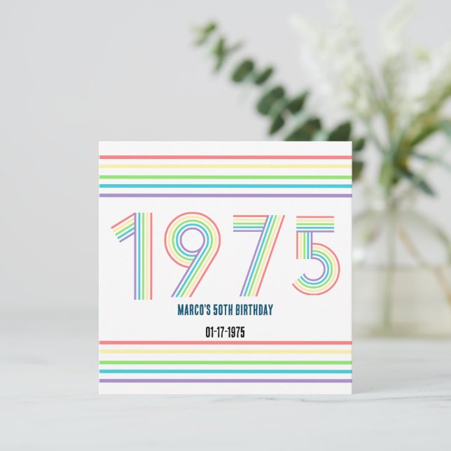 1975 Retro Vintage Rainbow Numeral 50th Birthday Invitation (Standing Front)