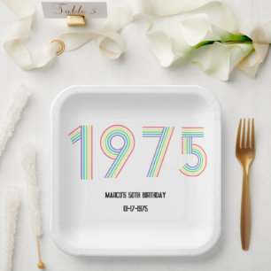 1975 Retro Vintage Rainbow Numeral 50th Birthday Paper Plate