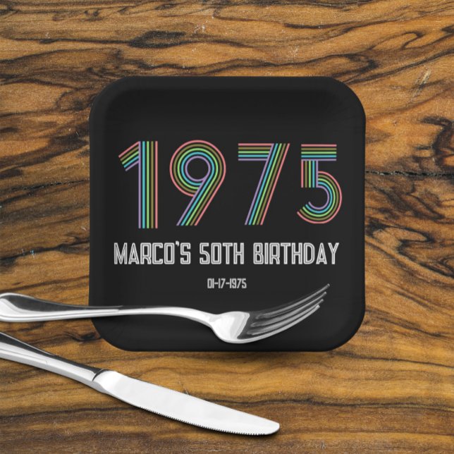 1975 Retro Vintage Rainbow Numeral 50th Birthday Paper Plate (Creator Uploaded)
