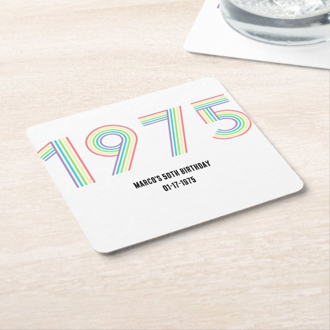 1975 Retro Vintage Rainbow Numeral 50th Birthday Square Paper Coaster (Angled)