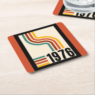 1976 50th Birthday Retro Stripes Vintage Year  Square Paper Coaster