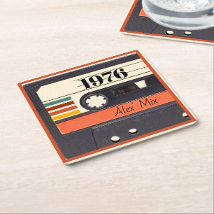 1976 Retro Stripe Cassette Tape Vintage Orange Square Paper Coaster