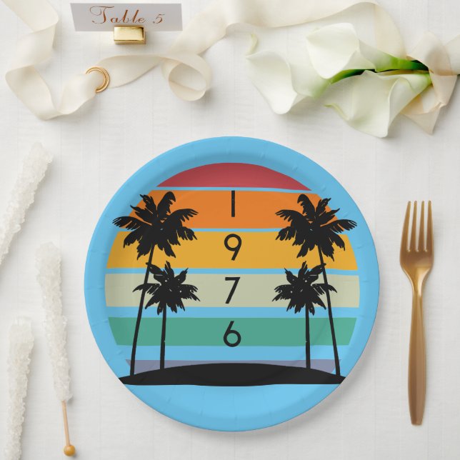 1976 Retro Stripe Sunset Vintage  Paper Plate (Wedding)