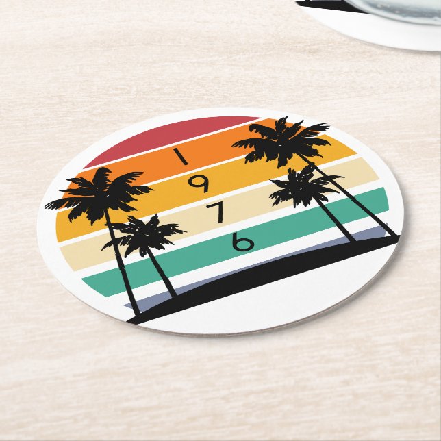 1976 Retro Stripe Sunset Vintage  Round Paper Coaster (Angled)