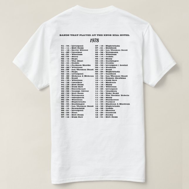1978 - BANDS THAT PLAYED THE KNOB HILL HOTEL T-Shirt (Design Back)