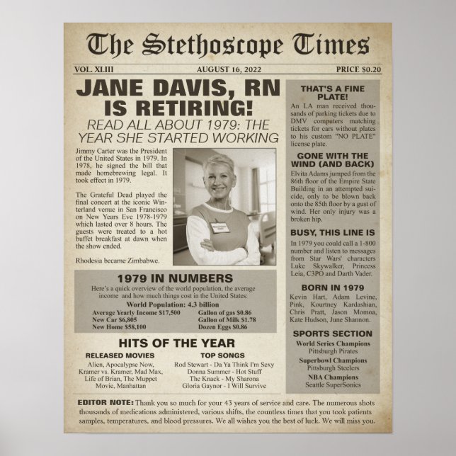 1979 Stethoscope Times for Nurse Retirement Party  Poster (Front)