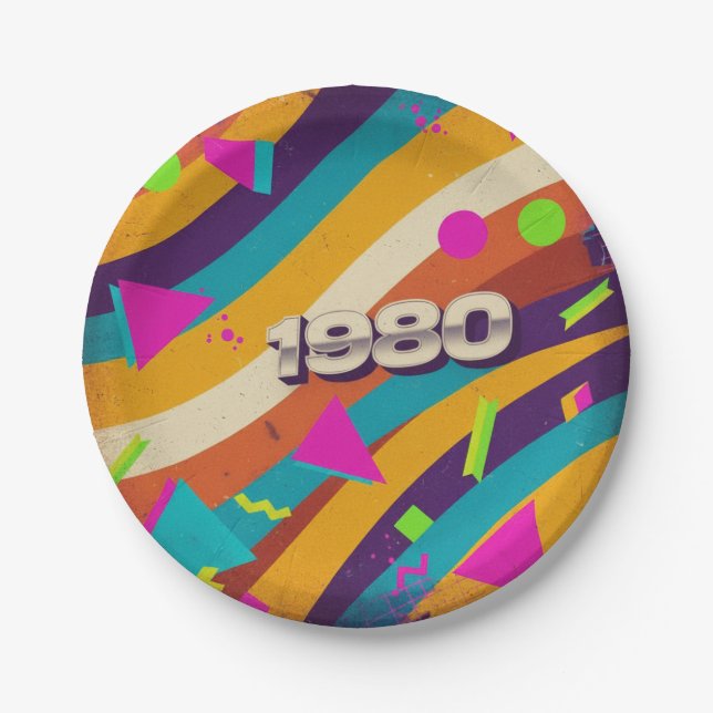 1980 - Retro Vintage 80s Neon Geometric - Paper Plate (Front)