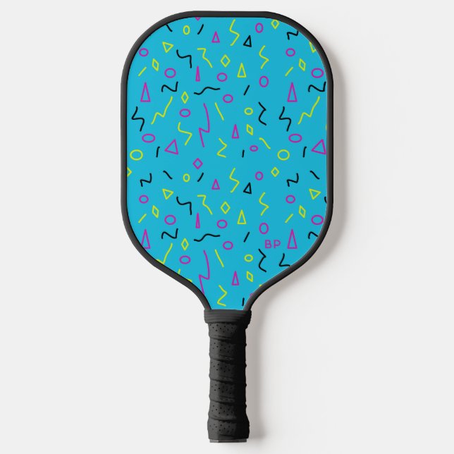 1980s Blue Pink Yellow Squiggles Memphis Pattern Pickleball Paddle (Front)