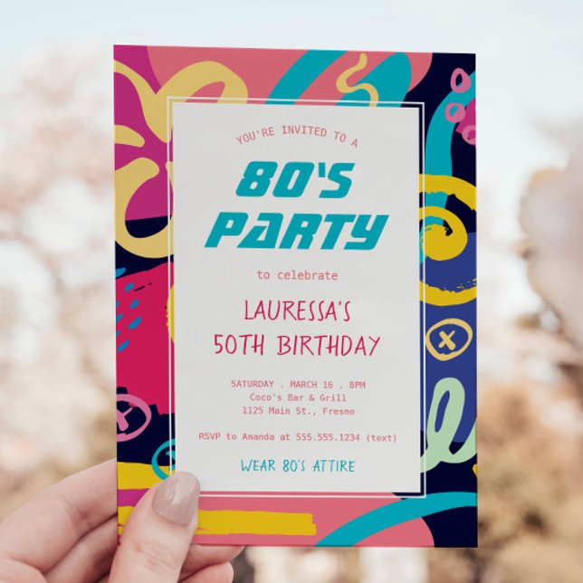 1980s Bright Retro Doodles Birthday Party Invitation (Creator Uploaded)