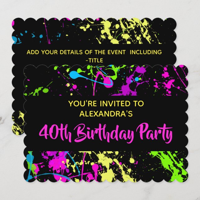 1980s Colourful Paint Splatter 40th Birthday Party Invitation (Front/Back)
