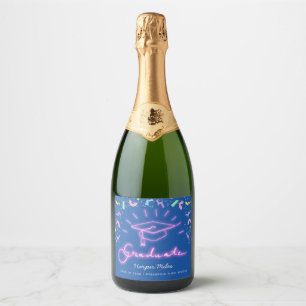 1980s confetti pink neon graduation hat Sparkling  Wine Label