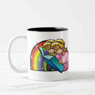 1980s Rainbow with Gemini Twins Reading Book Two-Tone Coffee Mug