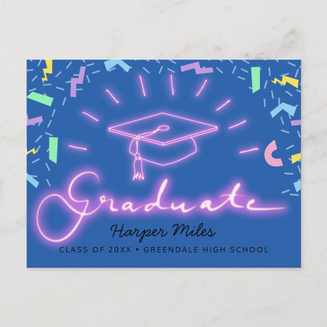 1980s retro pink neon graduation hat postcard (Front)