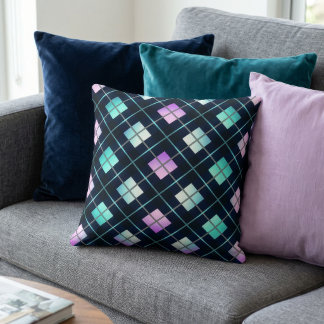 1980s Retro Style Sci-Fi Black, Blue & Pink Argyle Cushion