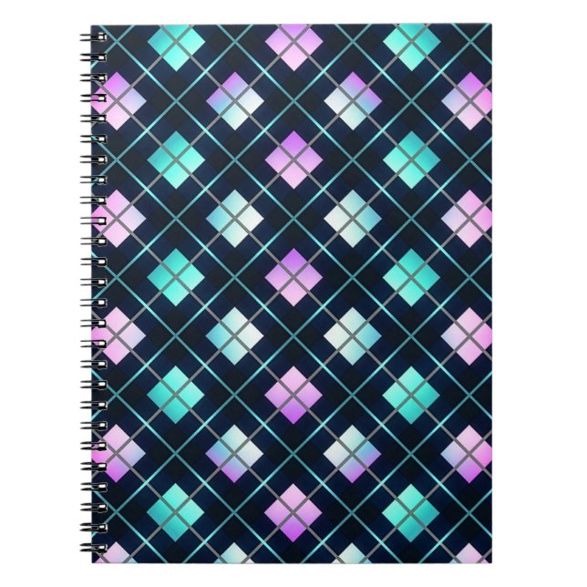 1980s Retro Style Sci-Fi Black, Blue & Pink Argyle Notebook (Front)