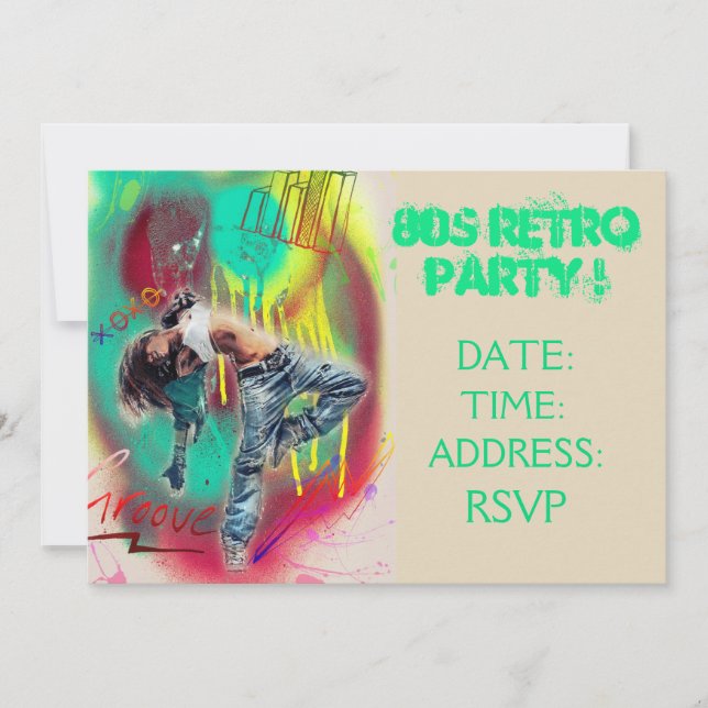 1980s retro theme dance party invitation (Front)