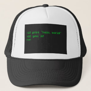 1980's style computer font programming "Hello Worl Trucker Hat