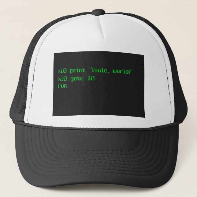 1980's style computer font programming "Hello Worl Trucker Hat (Front)