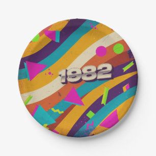 1982 - Retro Vintage 80s Neon Geometric - Paper Plate