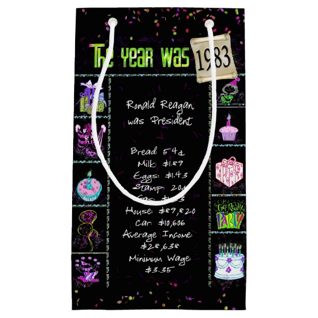 1983 Birth Year Trivia on Black Small Gift Bag (Front)