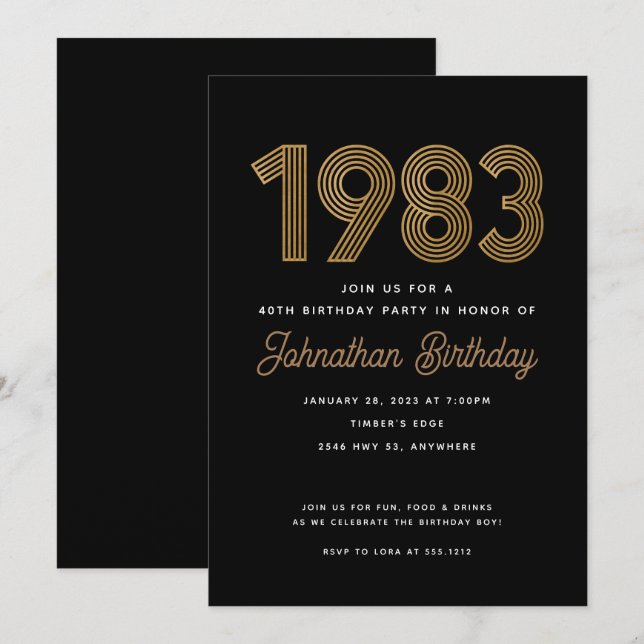 1983 Black and Gold 40th Birthday Invitation  (Front/Back)