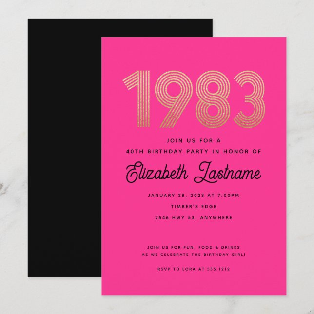 1983 Hot Pink Black Gold 40th Birthday Invitation  (Front/Back)