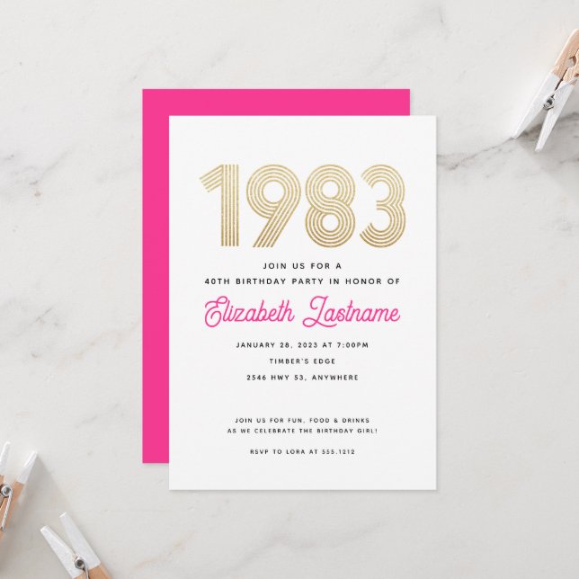1983 Hot Pink White Gold 40th Birthday Invitation  (Front/Back In Situ)