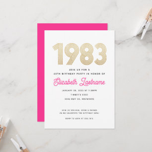 1983 Hot Pink White Gold 40th Birthday Invitation 