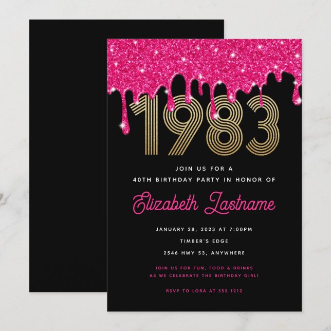 1983 Pink Glitter Drip 40th Birthday Invitation  (Front/Back)