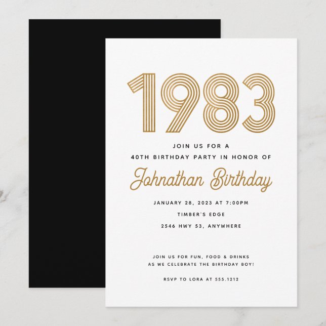 1983 White Black Gold 40th Birthday Invitation  (Front/Back)
