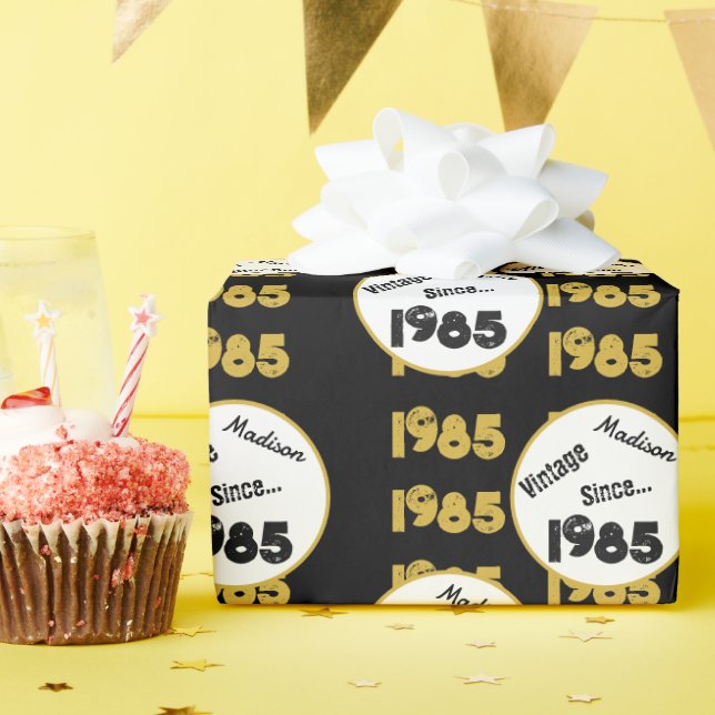 1985 birth year 40th birthday black faux gold wrapping paper (Birthday Party)