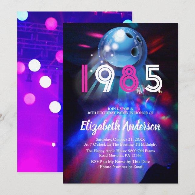 1985 Disco Bowling  40th Birthday Party Invitation (Front/Back)