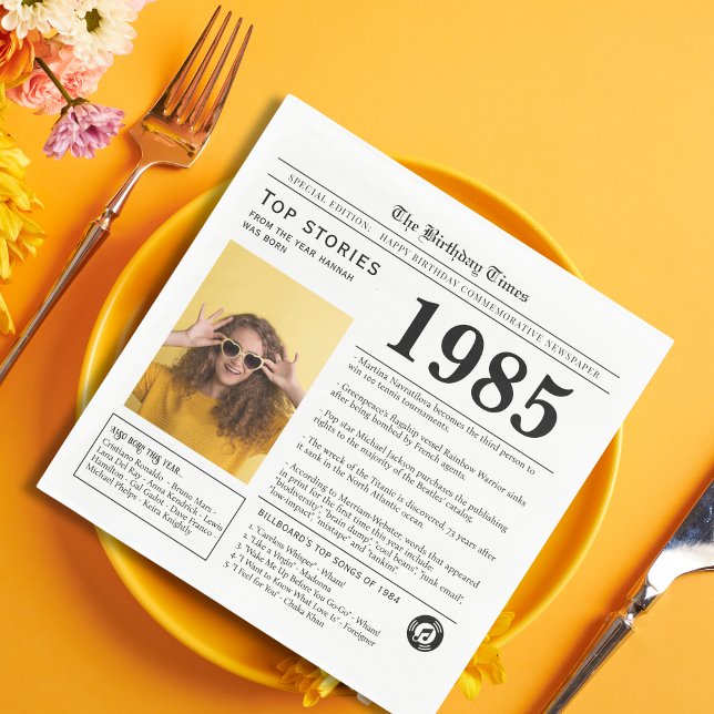 1985 Newspaper Birthday Trivia  Napkin (Born in 1985 birthday napkin in Newspaper style, custom photo and name personalized party supplies)