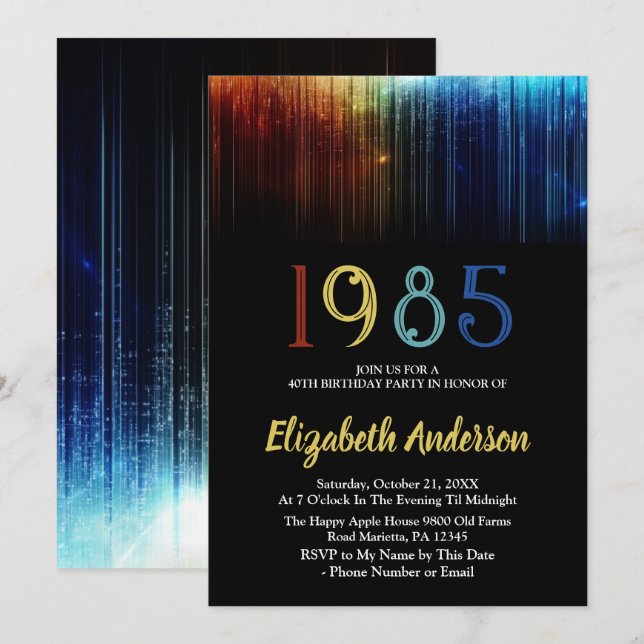 1985 Retro 40th Birthday Party Customisable Invitation (Front/Back)