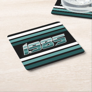 1985 Retro Stripe Teal Square Paper Coaster