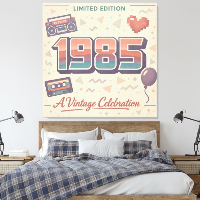1985 Vintage Birthday Canvas Print – Retro Limited (Insitu(Bedroom))