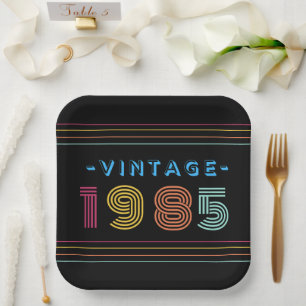 1985 Vintage Retro Stripe Neon Bright  Paper Plate