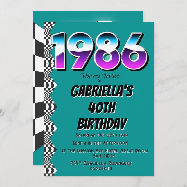 1986 40th Birthday Retro Vintage Party  Invitation (Front/Back)