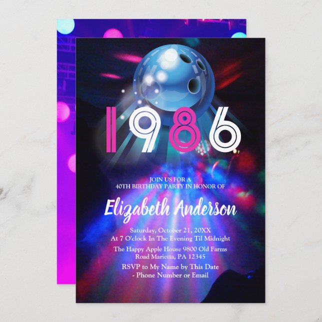 1986 Disco Bowling  40th Birthday Party Invitation (Front/Back)