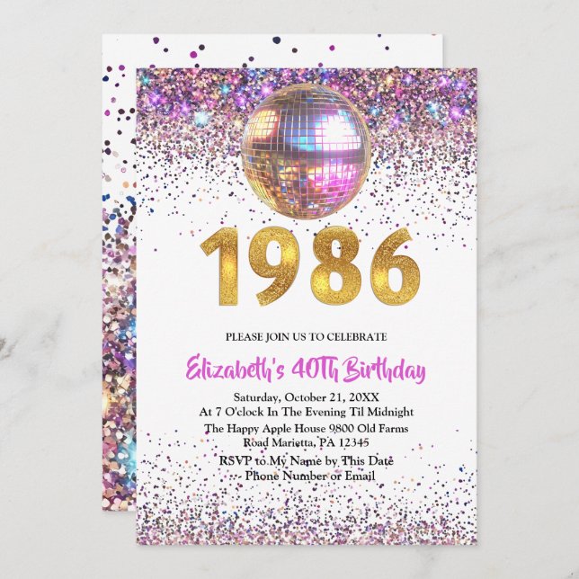1986 Trendy Glitter Disco 40th Birthday Invitation (Front/Back)
