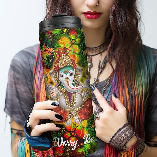 1990s Hippy Ganesh Galaxy Thermal Tumbler (A pretty Y2K flask to cheer you up, 90s rave influences. Great hippy vibes and personalised.)